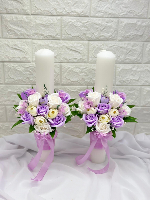 Set nunta, 2 lumanari personalizabile cu nume si data, 40 cm cu aranjament frontal, 1 buchet mediu cu 19 trandafiri  (Multicolor) [2]