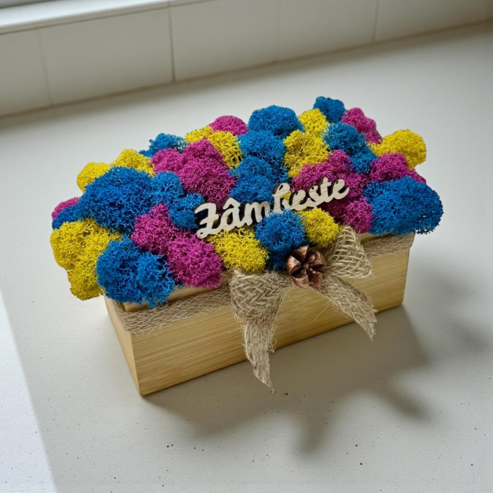 Aranjament decorativ cu licheni si mesaj motivational, tip jardiniera , personalizabil cromatic, in cutie de lemn ,cu licheni stabilizati [3]