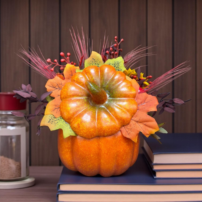 Aranjament floral de toamnă sau Halloween , în dovleac – decor handmade cu flori artificiale și naturale uscate [2]