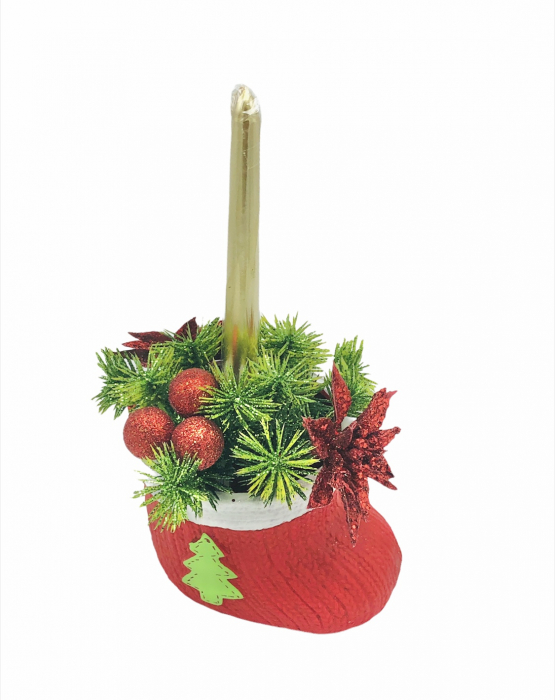 Aranjament Craciun in Soseta Ceramica cu Lumanare, Eventissimi, Rosu / Verde [3]