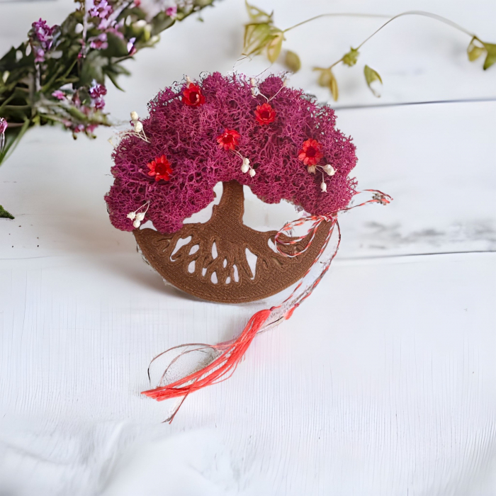 Magnet de frigider pomul vietii cu licheni si flori naturale uscate (Fcsia / Bronz) [2]