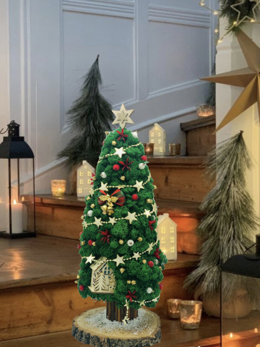 Aranjament de Craciun / Brad din licheni naturali stabilizati si decoratiuni de sezon, Eventissimi, Verde, 48 cm, personalizabil [6]