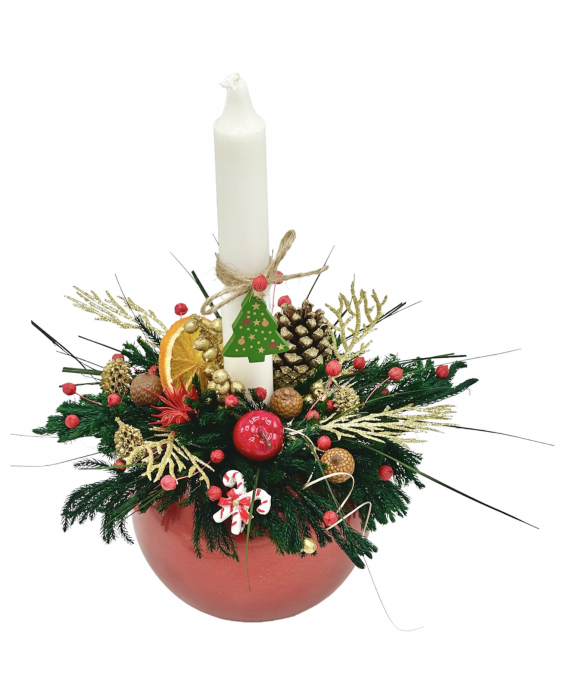 Aranjament de Craciun cu muschi naturali stabilizati, plante naturale uscate si lumanare in bol din sticla (Multicolor) [2]