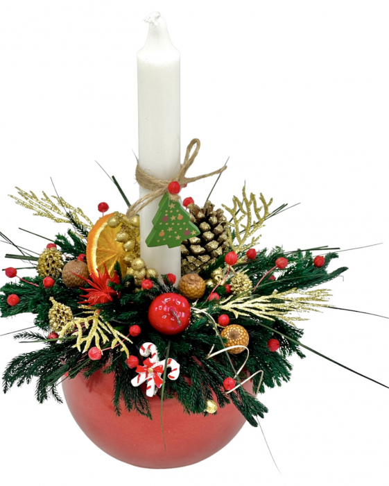 Aranjament de Craciun cu muschi naturali stabilizati, plante naturale uscate si lumanare in bol din sticla (Multicolor) [3]