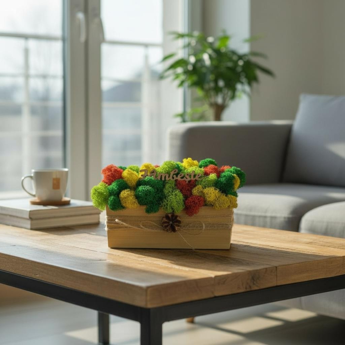 Aranjament decorativ cu licheni si mesaj motivational, tip jardiniera , personalizabil cromatic, in cutie de lemn ,cu licheni stabilizati [2]