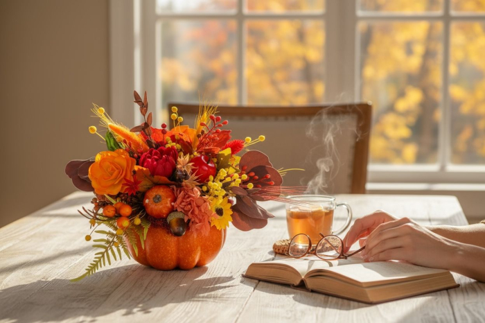 Aranjament floral de toamnă /  Halloween , în dovleac – decor handmade cu flori artificiale și naturale uscate [5]