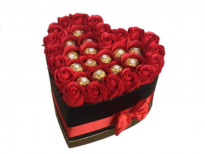Aranjament Floral EVENTISSIMI - 14 praline Ferrero Rocher, cutie „inima”, Rosu/Negru [5]