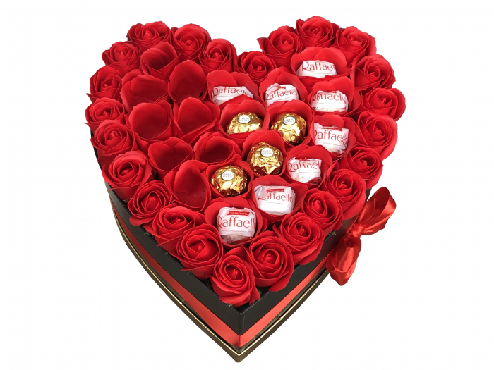 Aranjament Floral EVENTISSIMI - 20 de praline Ferrero Rocher & Rafaello, cutie „inima”, Rosu [2]