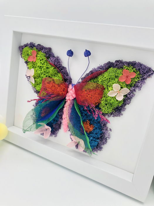 Aranjament floral, Fluture, Rama / Tablou cu licheni, frunze fosilizate si plante naturale criogenate si fosilizate, Eventissimi, Personalizabil, Multicolor [2]