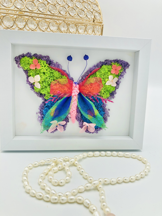 Aranjament floral, Fluture, Rama / Tablou cu licheni, frunze fosilizate si plante naturale criogenate si fosilizate, Eventissimi, Personalizabil, Multicolor [5]