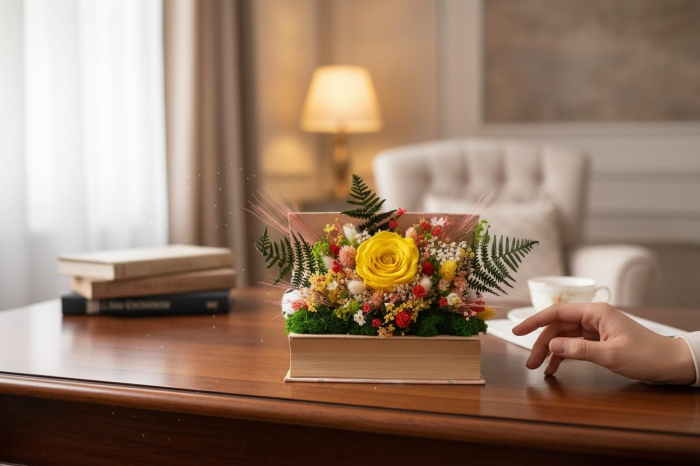 Aranjament floral in carte cu trandafir criogenat si plante stabilizate [2]