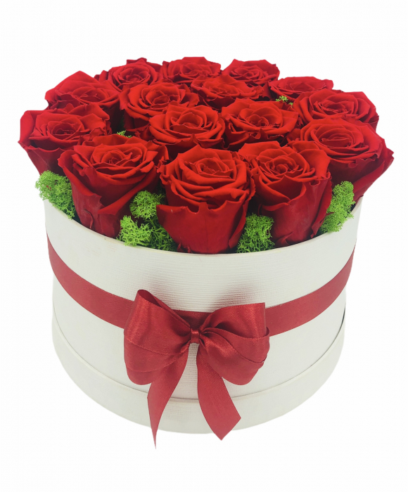 Aranjament floral in cutie cadou, Eventissimi, 15 Trandafiri Naturali Criogenati, Licheni naturali stabilizati, Rosu/Alb, personalizabil [4]