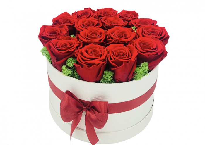 Aranjament floral in cutie cadou, Eventissimi, 15 Trandafiri Naturali Criogenati, Licheni naturali stabilizati, Rosu/Alb, personalizabil [5]