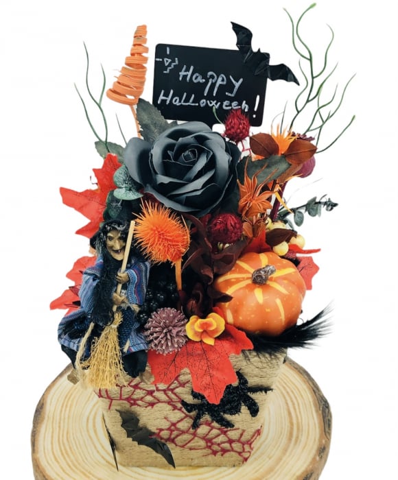 Aranjament floral mediu de Halloween cu flori uscate si figurina din rasina in suport ceramic (Portocaliu) [3]