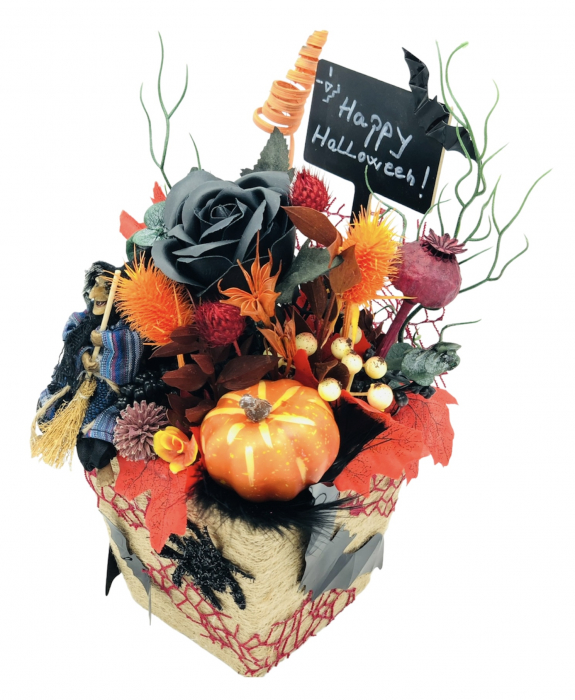Aranjament floral mediu de Halloween cu flori uscate si figurina din rasina in suport ceramic (Portocaliu) [2]