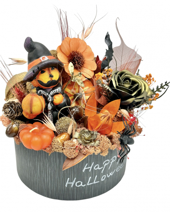 Aranjament floral mediu de Halloween cu flori uscate si figurine din rasina in dovleac (Portocaliu) [2]