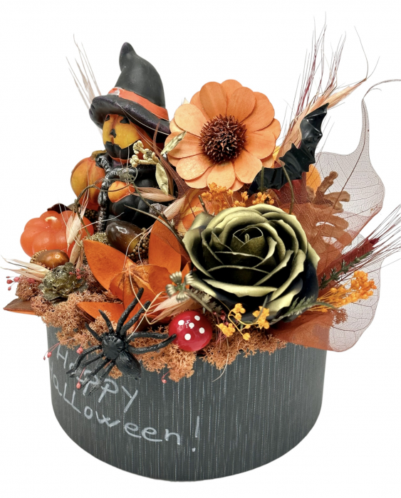 Aranjament floral mediu de Halloween cu flori uscate si figurine din rasina in dovleac (Portocaliu) [3]
