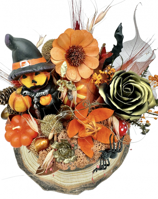 Aranjament floral mediu de Halloween cu flori uscate si figurine din rasina in dovleac (Portocaliu) [5]