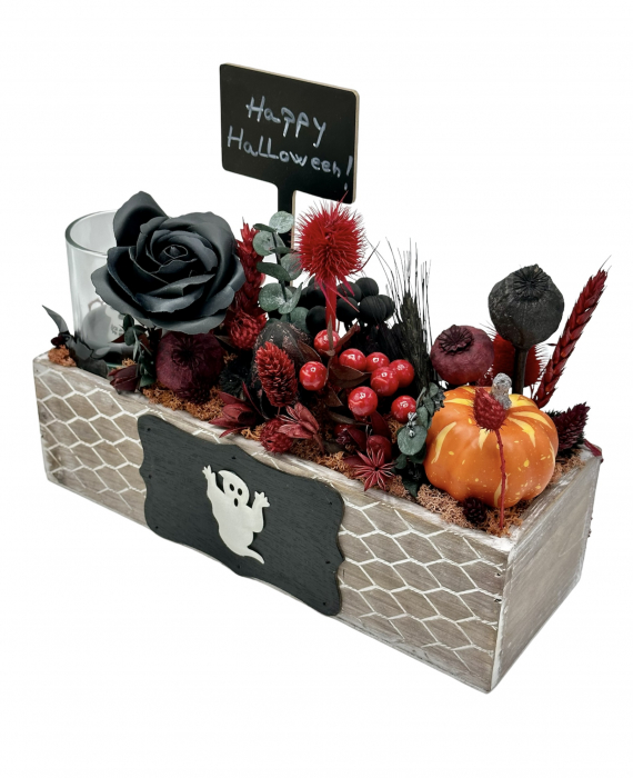 Aranjament floral mediu de Halloween cu flori uscate, trandafir din sapun si dovleac (Multicolor) [2]