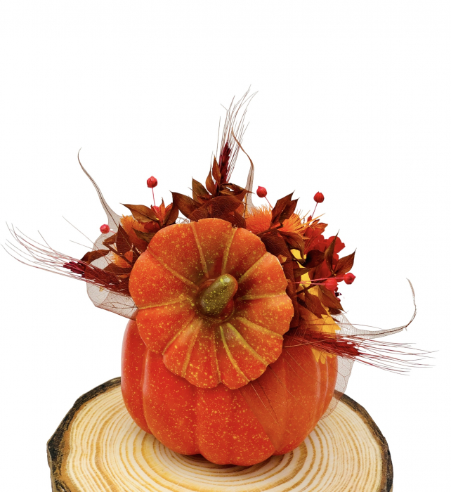 Aranjament floral mediu de toamna sau Halloween cu flori uscate si din foita de sapun in bostan (Portocaliu) [3]