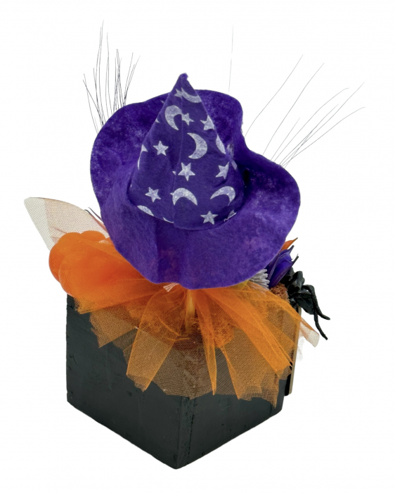 Aranjament floral mic de Halloween cu flori uscate, licheni si figurina tip dovleac (Portocaliu/Negru) [2]