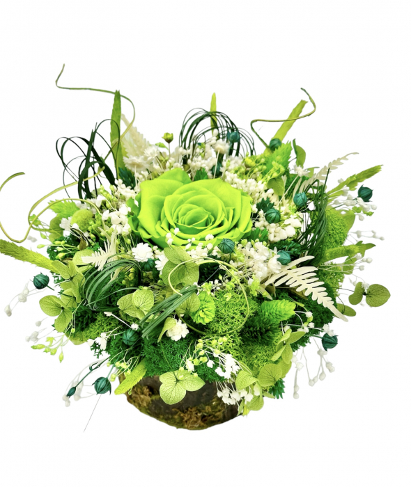 Aranjament floral personalizabil cu licheni, trandafir si plante naturale criogenate si stabilizate pe suport tip buturuga (Verde) [2]