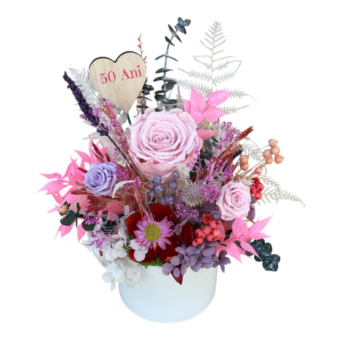 Aranjament floral personalizabil cu trandafiri si plante naturale criogenate si stabilizate [4]