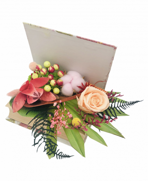 Aranjament floral personalizabil, Eventissimi, cutie cadou, carte, trandafir criogenat, licheni si plante uscate multicolor [5]