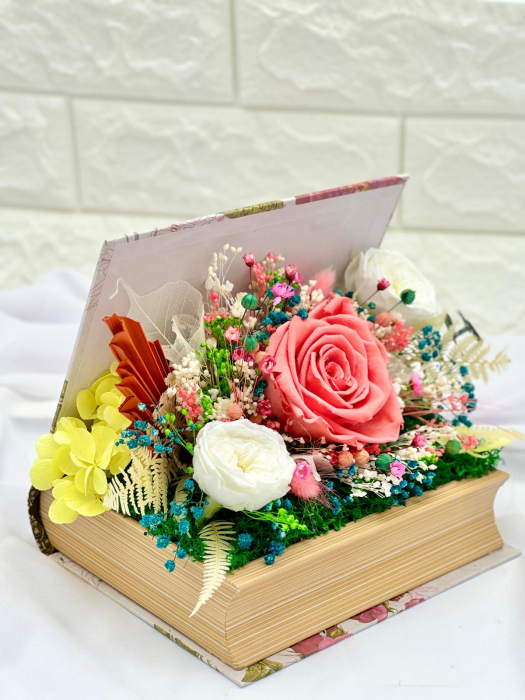 Aranjament floral personalizabil, Eventissimi, cutie cadou, carte, trandafirI criogenatI si plante uscate multicolor [2]