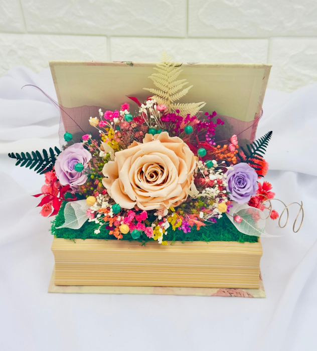 Aranjament floral personalizabil, Eventissimi, cutie cadou, carte, trandafiri criogenatI si plante uscate multicolor [3]