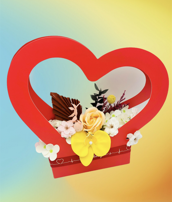 Aranjament floral personalizabil, Eventissimi, Inima cu flori din foita de sapun si plante uscate, Multicolor [6]