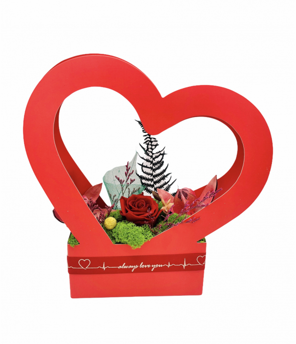 Aranjament floral personalizabil, Eventissimi, Inima cu licheni si trandafir criogenat, Multicolor [3]