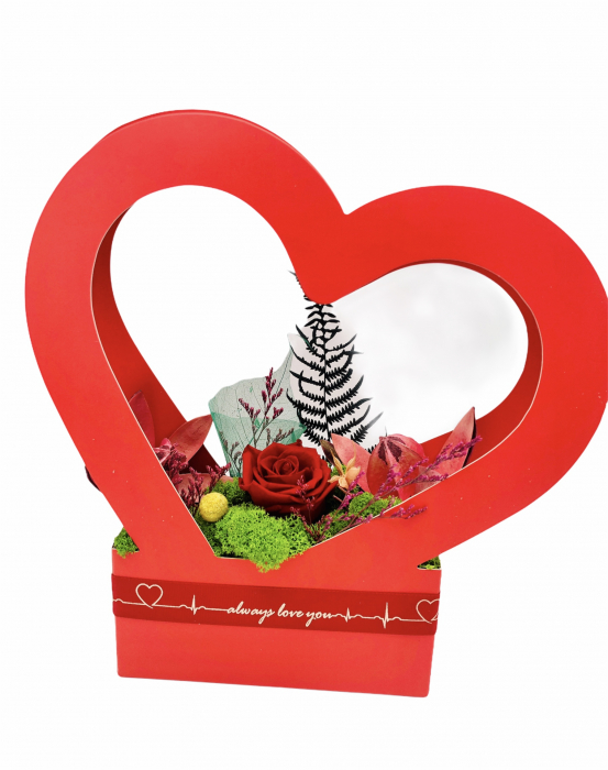 Aranjament floral personalizabil, Eventissimi, Inima cu licheni si trandafir criogenat, Multicolor [6]
