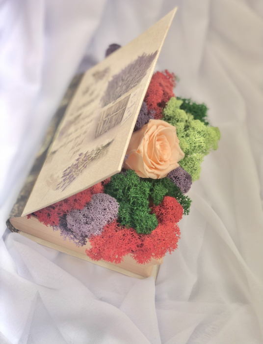 Aranjament floral personalizabil in carte cu licheni stabilizati si trandafir criogenat, Eventissimi [6]
