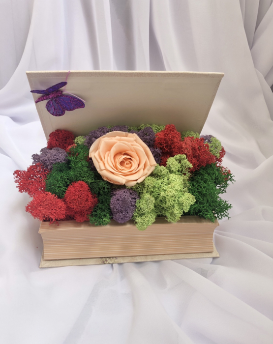 Aranjament floral personalizabil in carte cu licheni stabilizati si trandafir criogenat, Eventissimi [5]