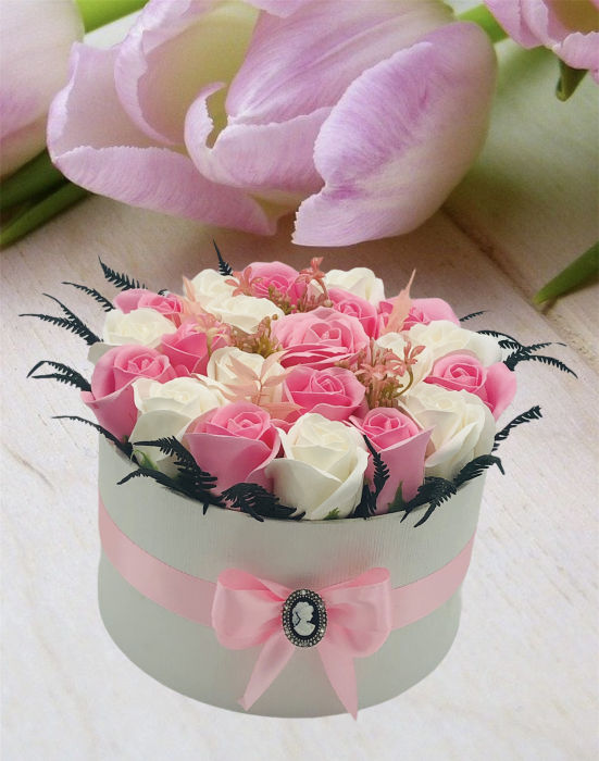 Aranjament Floral Personalizabil in Cutie Cadou, Eventissimi, Trandafiri, Alb / Roz [4]