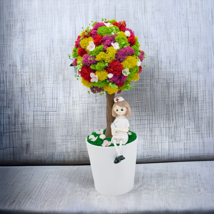 Aranjament floral personalizabil, mediu 38 cm, tip copacel / pomisor cu licheni naturali stabilizati si flori criogenate si uscate in vas ceramic cadou pentru doctor (Multicolor) [2]