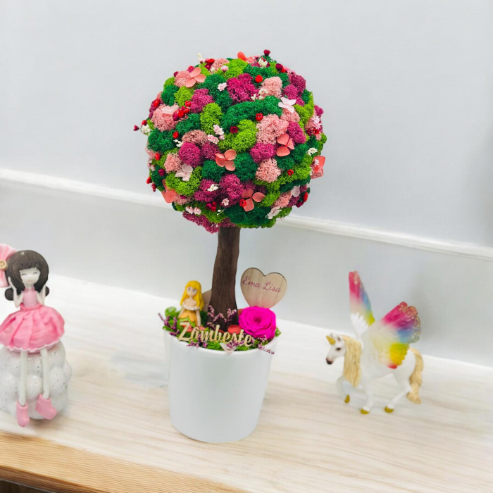 Aranjament floral personalizabil, mediu 38 cm, tip copacel / pomisor cu licheni naturali stabilizati si flori criogenate si uscate in vas ceramic (Multicolor) [3]