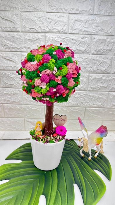 Aranjament floral personalizabil, mediu 38 cm, tip copacel / pomisor cu licheni naturali stabilizati si flori criogenate si uscate in vas ceramic (Multicolor) [2]