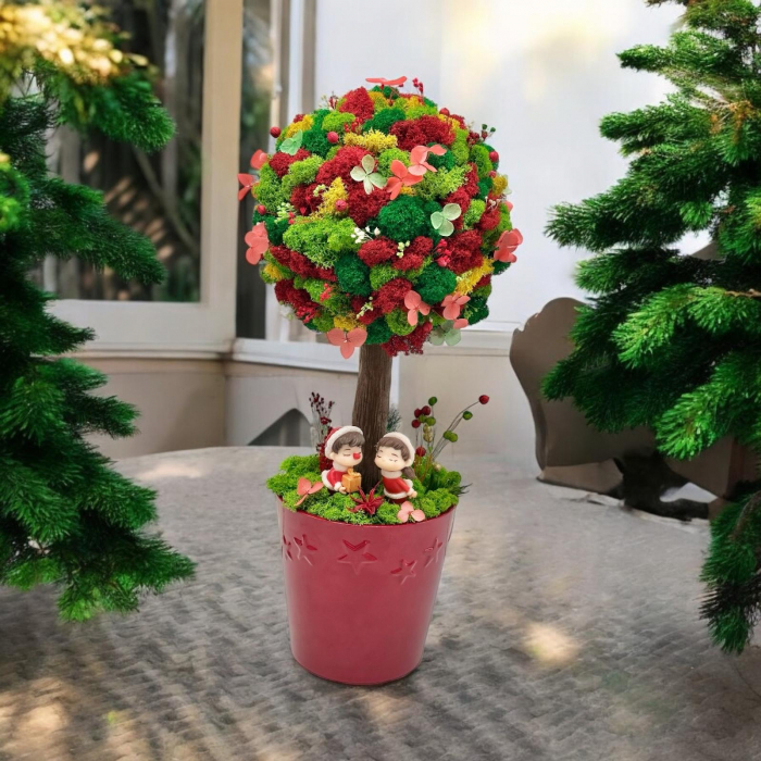 Aranjament floral personalizabil, mediu 38 cm, tip copacel / pomisor cu licheni naturali stabilizati si flori criogenate si uscate in vas ceramic (Multicolor) [2]