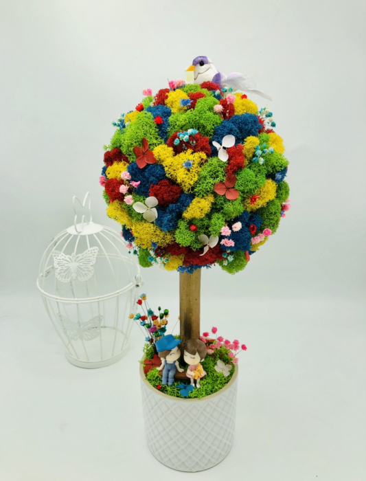 Aranjament floral personalizabil, mediu 38 cm, tip copacel / pomisor cu licheni naturali stabilizati si flori criogenate si uscate in vas ceramic (Multicolor) [2]