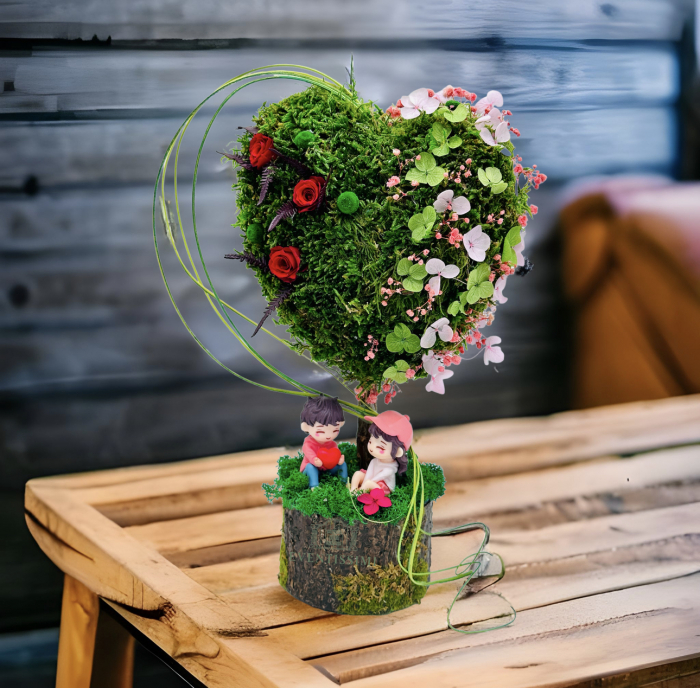 Aranjament floral personalizabil, mediu 38 cm, tip copacel sau pomisor in forma de inima cu licheni naturali stabilizati, miniroze criogenate si flori criogenate (Multicolor) [3]