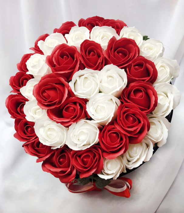 Aranjament Floral „Spirala”, EVENTISSIMI  - 38 Trandafiri Alb/Rosu [2]