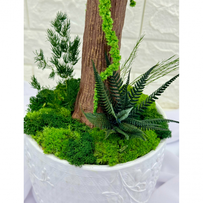 Aranjament floral tip Copacel / Pomisor cu licheni naturali stabilizati si plante naturale criogenate, Verde, 55 cm, vaza ceramica [3]