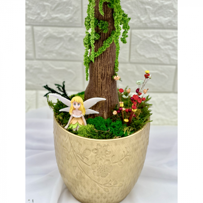 Aranjament floral tip Copacel / Pomisor cu licheni naturali stabilizati si plante naturale criogenate, Multicolor, 55 cm, vaza ceramica [5]
