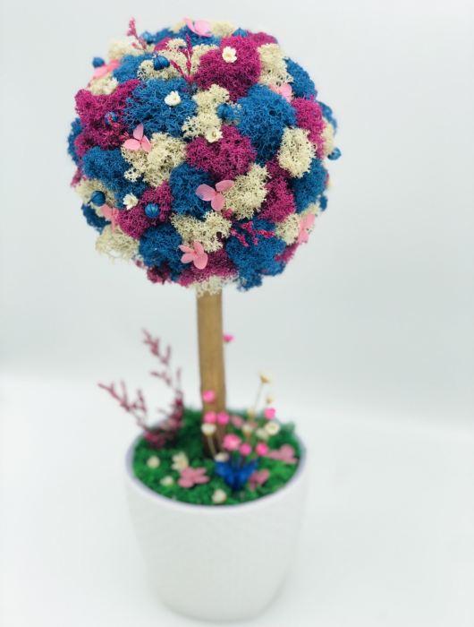 Aranjament floral tip Copacel / Pomisor cu licheni naturali stabilizati si plante naturale criogenate si uscate, Eventissimi , Albastru/mov, 36 cm, vaza ceramica, personalizabil [3]