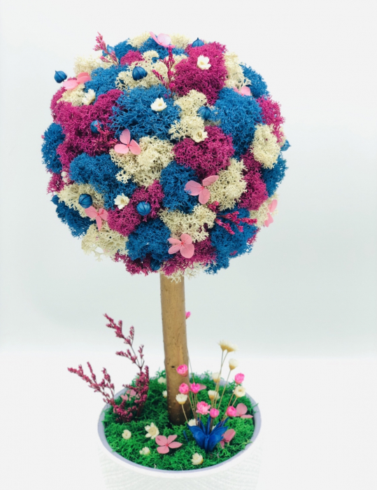 Aranjament floral tip Copacel / Pomisor cu licheni naturali stabilizati si plante naturale criogenate si uscate, Eventissimi , Albastru/mov, 36 cm, vaza ceramica, personalizabil [2]