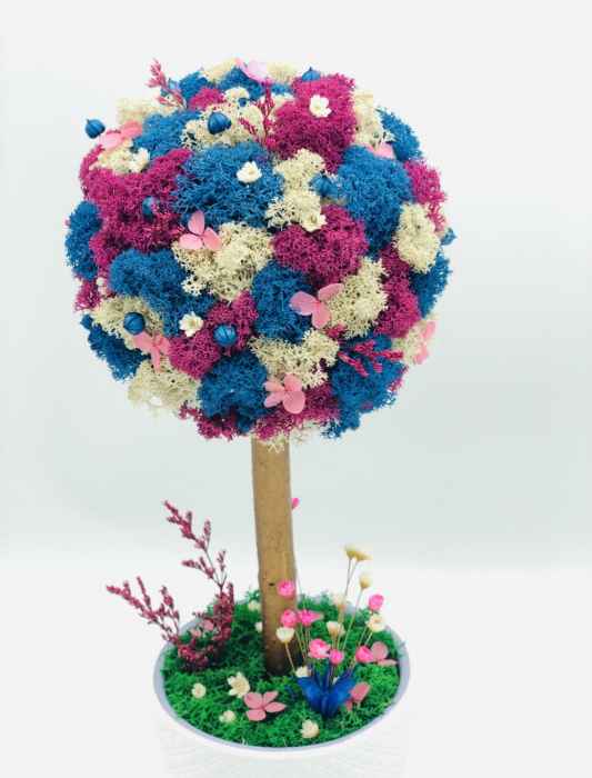 Aranjament floral tip Copacel / Pomisor cu licheni naturali stabilizati si plante naturale criogenate si uscate, Eventissimi , Albastru/mov, 36 cm, vaza ceramica, personalizabil [4]