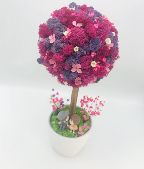Aranjament floral tip Copacel / Pomisor cu licheni naturali stabilizati si plante naturale criogenate si uscate, Eventissimi, Roz/Mov , 36 cm, vaza ceramica, personalizabil [5]