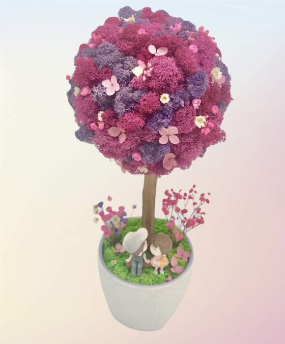 Aranjament floral tip Copacel / Pomisor cu licheni naturali stabilizati si plante naturale criogenate si uscate, Eventissimi, Roz/Mov , 36 cm, vaza ceramica, personalizabil [3]